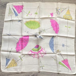 Vintage Umbrella Silk Scarf 18” Neckerchief Bandana, Pink Blue Green Colourway