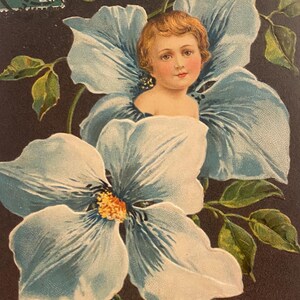 Edwardian Child Blue Clematis Postcard, Art Nouveau, Pale Blue Petals Dress the Child, Anthromorphic