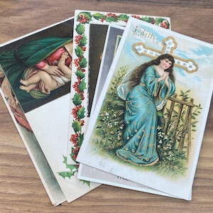 Postales religiosas antiguas, saludos navideños, fe, alegría y paz, María y Jesús, cruz, relieve, dorado, elige uno o todos, Mount Inc.