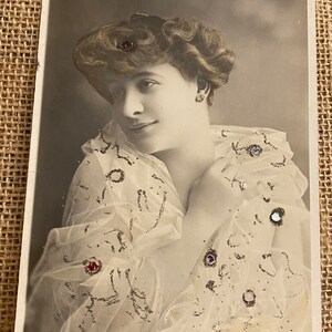 French Theatre Postcard, Louisa de Mornand, Actress Wearing Gorgeous Dress, Walery Studio Paris Antique 1900s