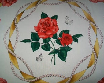 Hanae Mori Silk Scarf, Japanese Designer, Roses Pearls, 34” Red White Vintage Fabric RARE