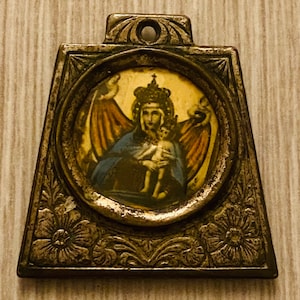Art Nouveau Brass Religious Medal, Notre Dame and Drawing of Church