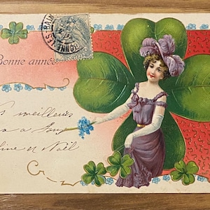 Wytłoczona pocztówka secesyjna z damą, kwiaty czterolistnej koniczyny Forget Me Nots, wysłana w 1903 r., wydrukowana w okresie przedniemieckim, antyczna Bonne Anne
