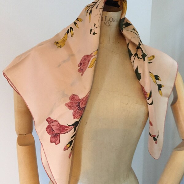 Pink Silk Scarf, Sunmer Flowers Jacqmar, Vintage Ladies Accessories