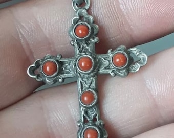 Antique French Silver Ornate Cross with Coral Stones, Nearly 2” in Height, Weight 4.5g, Religious Gift