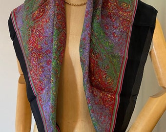 Foulard en soie cachemire, rose vert mauve, accessoire femme vintage indien