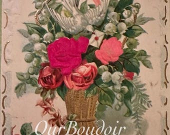 Embossed Silk Postcard, Pink Roses Floral Display, Romantic // Printed in Germany 1900s, Written On but Not Postally Used