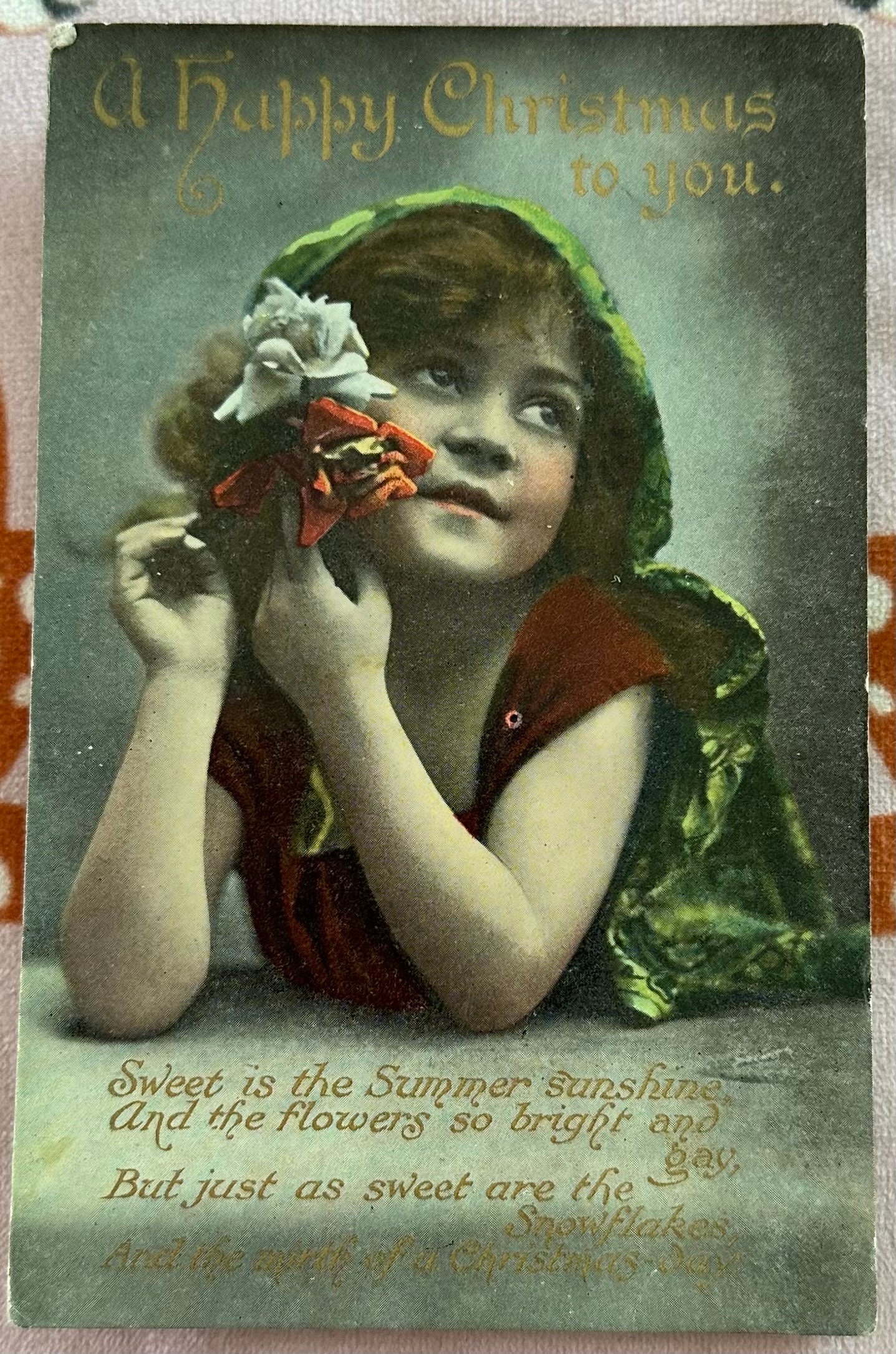 Antique British Postcard Franked 1920, Happy Christmas, Pretty Little Girl with Flowers Wearing a Green Cloak, National Series Publisher