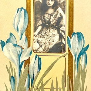Postal antigua de una dama bávara de estilo Art Nouveau, lirios azules, actriz francesa, foto real ilustrada por el artista, franqueada hacia 1904, sello emitido en 1876.