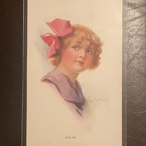 Pretty Little Girl with a Large Pink Bow, Antique Postcard, German Artist C. W. Barber 1910s