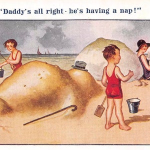 Wo ist Daddy hingegangen, Frecher britischer Humor, Postkarte des frühen 20.Jahrhunderts, Bamforth Verlage, Vintage Sammlerstücke