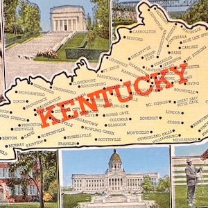 Puede incluir: Postal vintage con un mapa de Kentucky con nombres de ciudades. La postal incluye imágenes de lugares emblemáticos como un capitolio, un caballo y una cueva. La palabra "Kentucky" se muestra prominentemente en rojo.