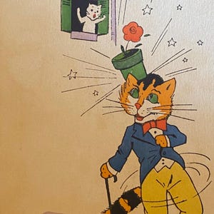 Cartolina romantica e umoristica, gatti colorati, amore non corrisposto, comportamento antropomorfo, cartolina di metà secolo