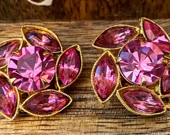 Pink Glass Earrings in a Catherine Wheel style setting, 1960s Retro Vintage Jewelry