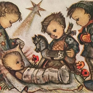 Cartão postal da artista Maria Hummel, ilustrado com crianças alemãs carregando presentes, o Menino Jesus, a Estrela de Belém, cartão postal da década de 1930
