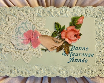 Carte postale française ancienne en dentelle, images découpées de la rose, main, noeud, manche, livrée en 1912