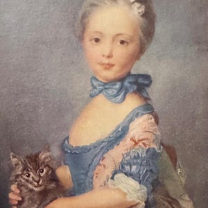 Impression de galerie d'art représentant une jeune fille avec un chaton, jeune femme aristocratique française, artiste Jean-Baptiste Perronneau