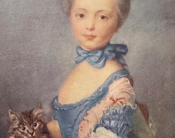 Impresión de galería de arte de una pintura de una niña con un gatito, joven dama aristocrática francesa, artista Jean-Baptiste Perronneau
