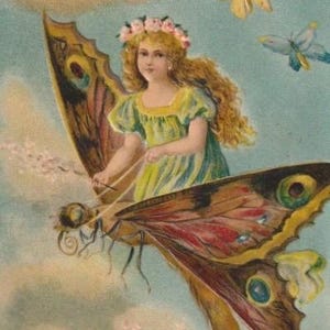 Principessa delle fate con il suo volo a farfalla, antica cartolina francese, che bel modo di partire!