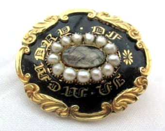 Georgische rouwbroche, parel, 14K goud, zwart email//antieke sieraden gedateerd 1836