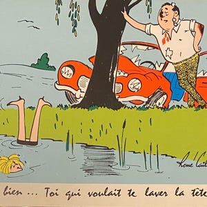 Cartolina Lady in the Pond, umorismo francese René Caillé Artista illustrato, cartolina anni '60, oggetti da collezione vintage