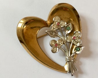 Heart Brooch with Bouquet of Flowers, Coro Designer, Art Deco Revival, Vintage Jewelry 1950s
