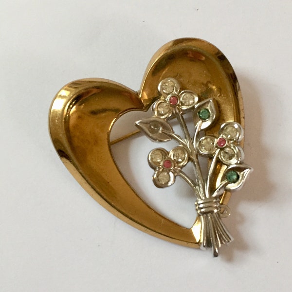 Heart Brooch with Bouquet of Flowers, Coro Designer, Art Deco Revival, Vintage Jewelry 1950s