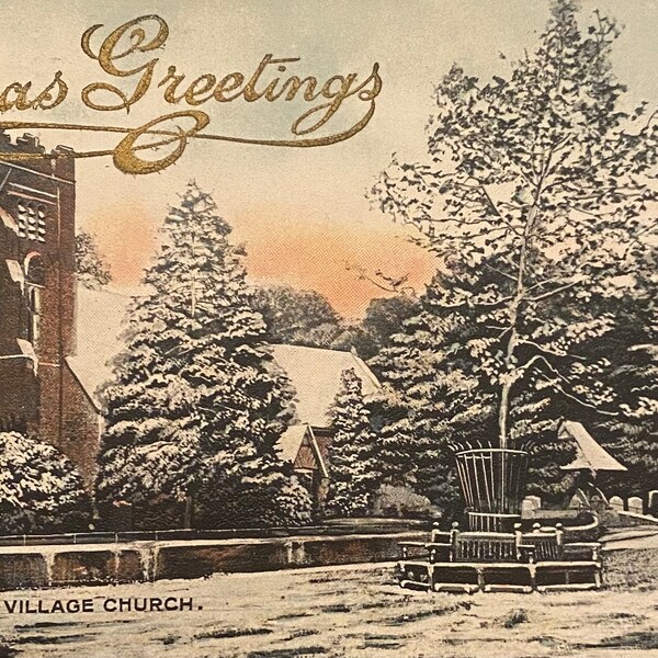 Carte postale de voeux de Noël // Église de village britannique, paysage de neige // Ancienne, affranchie 1906 // Légères pliures aux deux coins gauches