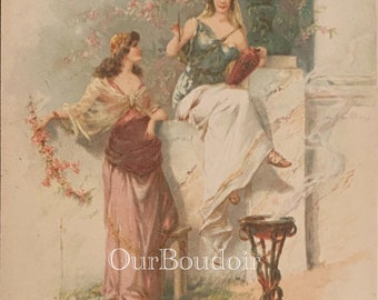Antique Art Nouveau Postcard, Two Ladies in Classical Roman Toga Style Dresses, Artist Illustrated  // UNUSED, Very Likely  Printed Bavaria