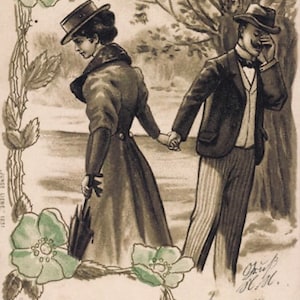 Artist Illustrated Art Nouveau Couple Postcard, Junge Liebe 1900s