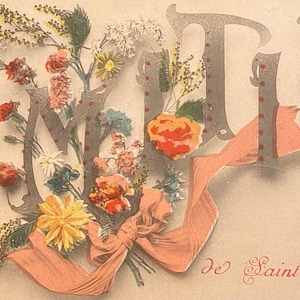 Antike französische Postkarte, Saint Étienne Amties 1900s, Blumen, Orange Rosen, Band, Ungeschrieben