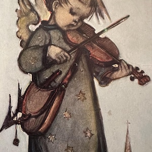 Cartão postal da artista Maria Hummel, anjo alemão ilustrado tocando violino, sem uso, década de 1930
