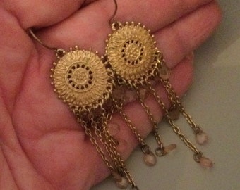 Gold Tone Tassel Earrings with Pink Glass Beads, Pierced Ears, 1970s Vintage Jewelry