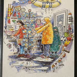 May include: A humorous cartoon illustration depicts a rainy day shopping scene. People in raincoats browse a shop with postcards and pottery. The text reads, "THOUGHT WE MIGHT JUST DROP IN ON THE SHOPS..." A whimsical depiction of a shopping trip.