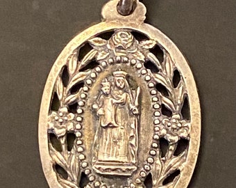 Art Nouveau Religious Medal, Pierced Metalwork, French Silver Alloy // Floral Waterlilies Vines, Mary and Baby Jesus