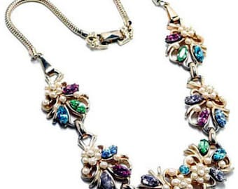 Rhinestone and Pearl Bib Necklace, 1940s Vintage Jewellery, Designer Barclay