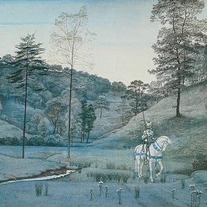 Cartolina "Il cavaliere bianco", artista francese Walter Crane (1882-1932), mostra alla Barbican Art Gallery