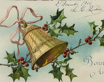 Cartão-postal antigo de Natal em relevo, com sinos tocando e azevinho, impresso nos Estados pré-alemães, com imagens em estilo Art Déco, 1906.