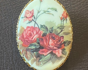 Roses roses florales, fermoir ou clip pour foulard en porcelaine, bijoux vintage du milieu du siècle