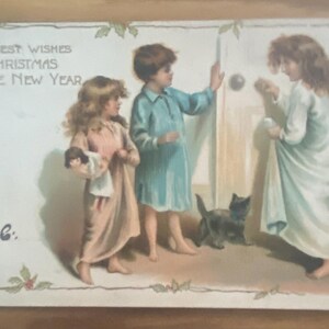 Antike Postkarte, Edwardian Christmas New Year Greetings, Aufgeregte Kinder, Kätzchen Frankiert 1905