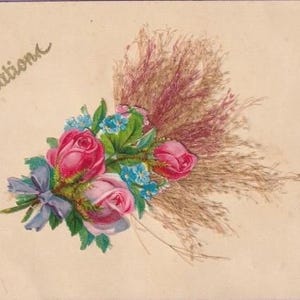 Carte postale ancienne des années 1900, roses roses découpées avec des herbes séchées