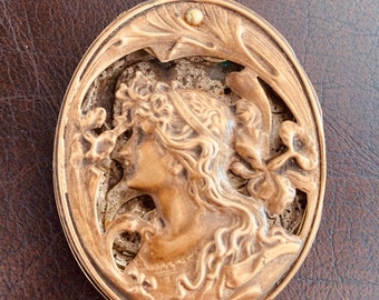 Art Nouveau Lady French Sliding Locket 2 1/2 Inches Length 1900s
