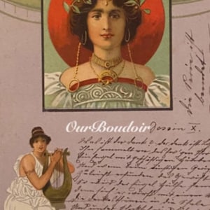 Cartolina postale tedesca in stile Art Nouveau, Cleopatra, immagini greche classiche, revival egiziano, affrancata 1901