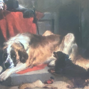 Carte postale d'artiste Saint Bernard et Cocker Spaniel Dogs par Sir Edwin Landseer, 7e duc de Beaufort : chiens Lion et tiret