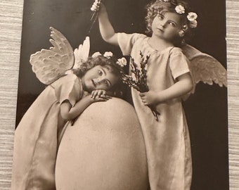 Antique Easter Postcard, Two Girls Dressed as Angels with an Easter Egg