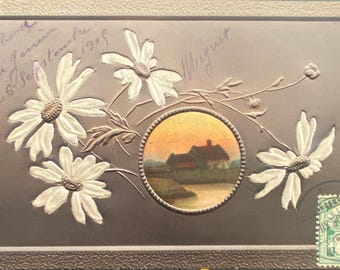 Postal antigua en relieve, flores de margarita de seda, paisaje, 1905