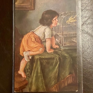 Bella bambina che parla con un uccello, cartolina antica, artista tedesco K Barth, affrancata 1916