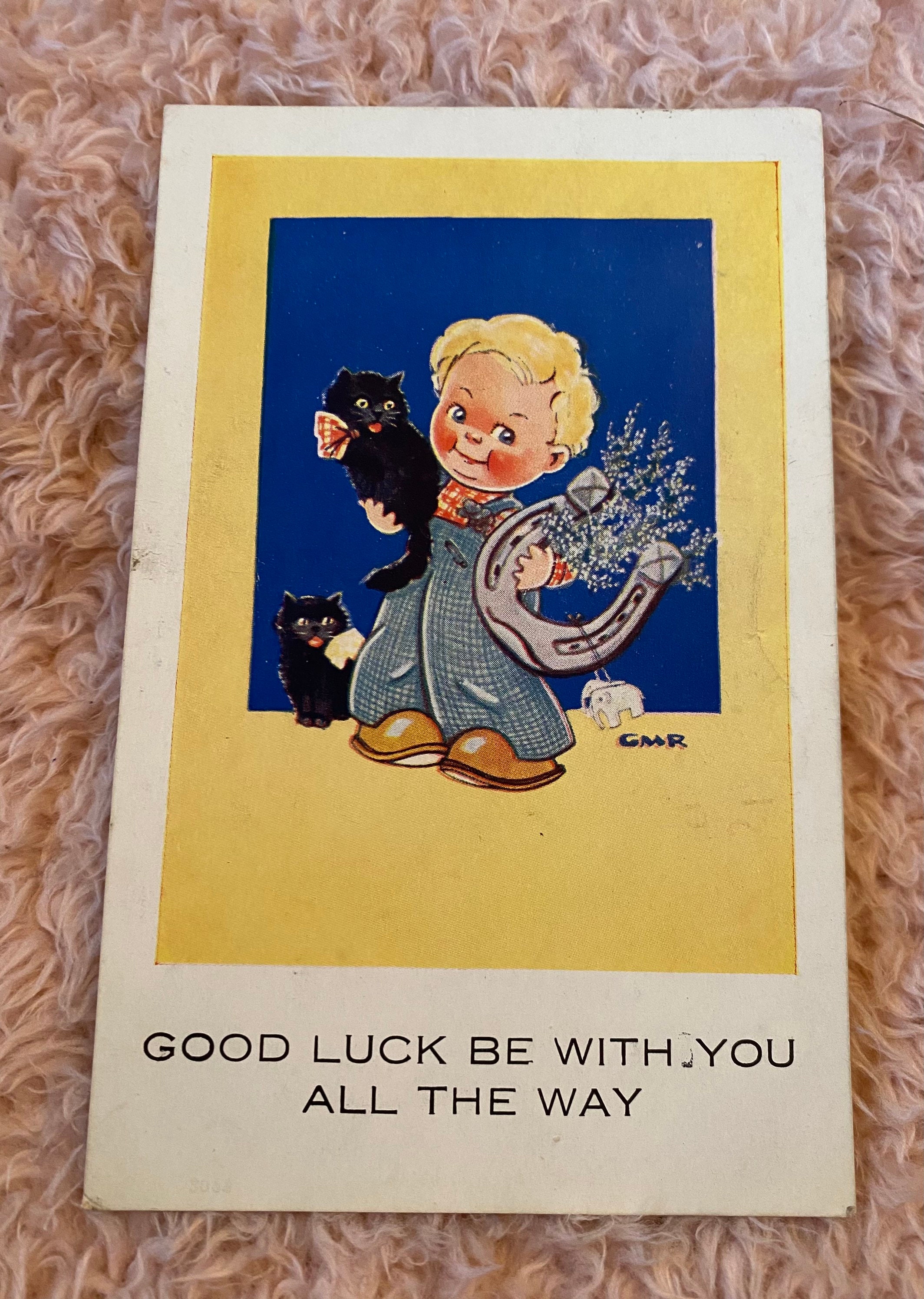 幸運を祈るポストカード、黒猫、蹄鉄、ヘザー、切手付き、1954年