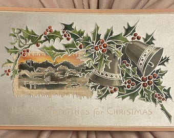 Christmas Greetings Postcard, Village Snowscape, Holly Berries Bells, Franked 1909