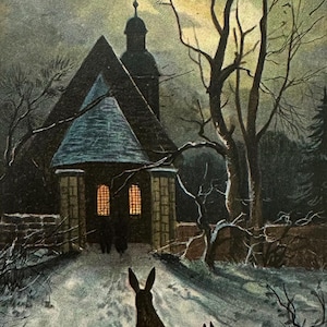 May include: Vintage Christmas postcard featuring a snowy scene with a small chapel and two rabbits. The chapel has lit windows and a steeple. The words "CHRISTMAS GREETINGS" are at the top. The artwork is in muted tones.